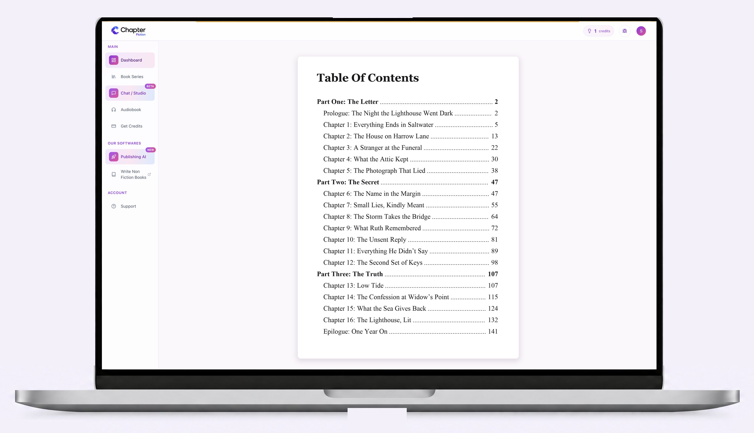 Inside Chapter: a finished novel open in the software