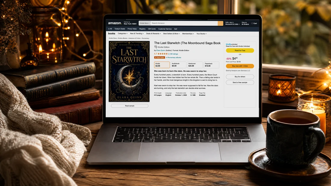 The Last Starwitch, an example novel, live on Amazon, shown on a laptop