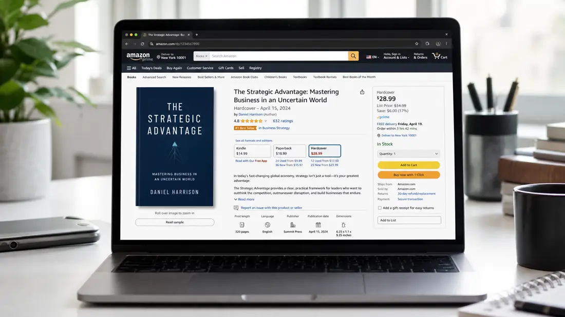 A book listing live on Amazon, shown on a laptop